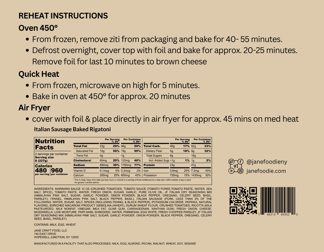 Sausage Baked Rigatoni with Marinara & Mozzarella – Heat & Serve