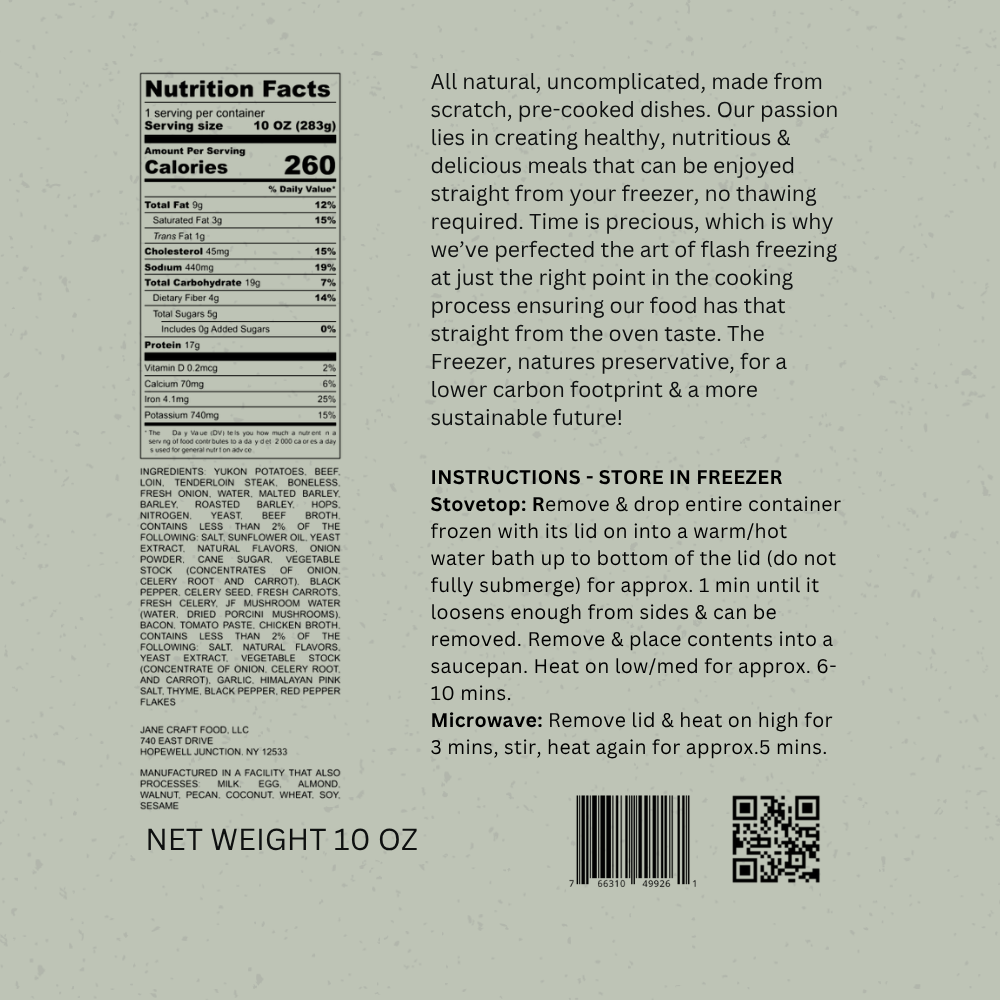 Back of a guinness stew label with nutrition facts, instructions, and product details.