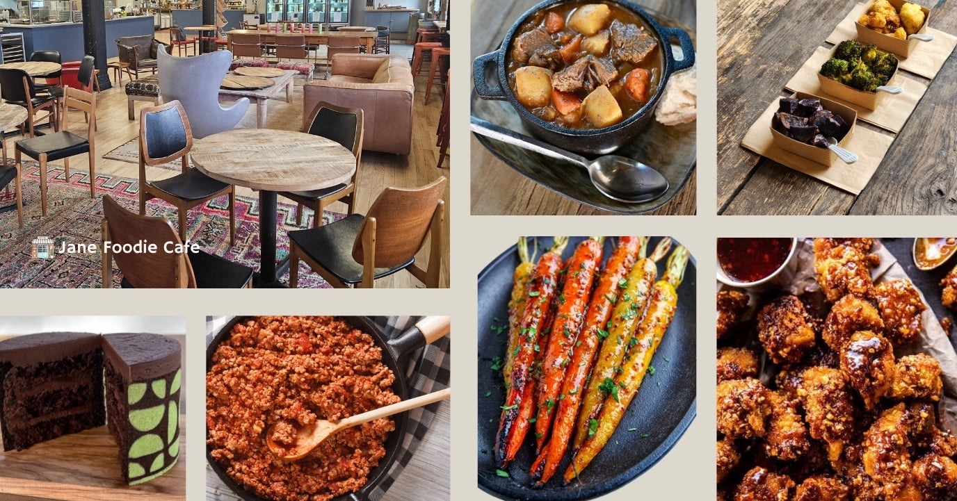 Collage of images from a foodie cafe including tables, food dishes, and desserts.