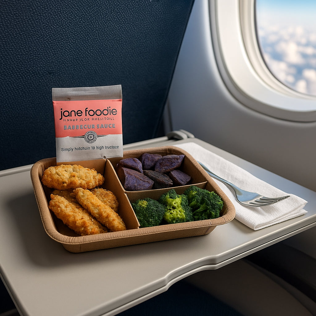 Airplane meal tray with chicken nuggets, broccoli, and purple potatoes on a tray table with a window view.