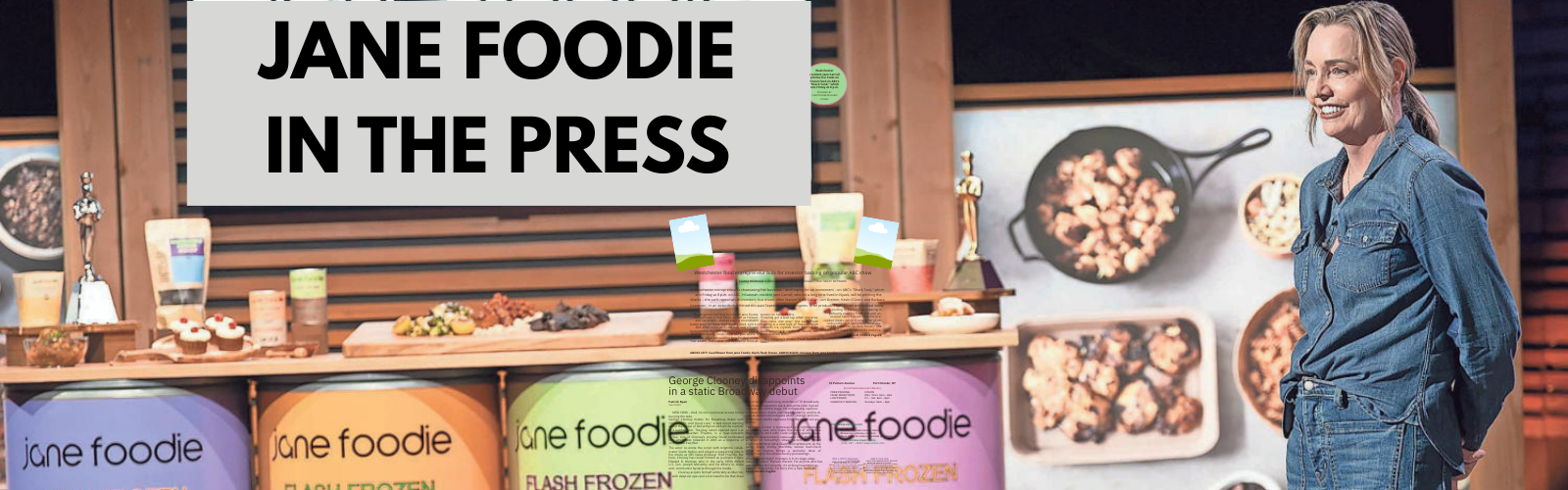 Promotional banner for 'Jane Foodie' with a person standing next to food products and images.