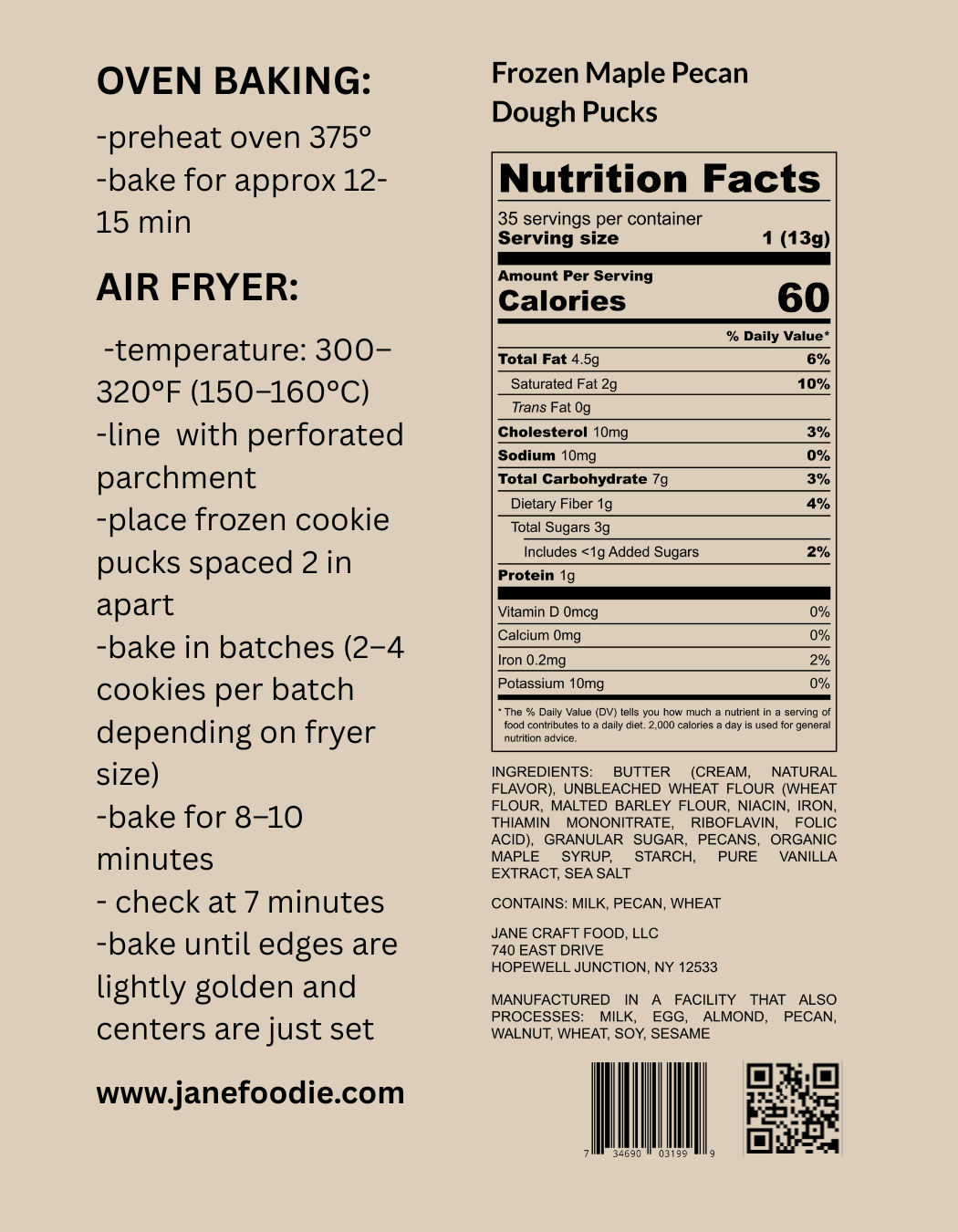 Maple Pecan Frozen Cookie Dough Pucks Nutrition and instruction Label on Brown Background