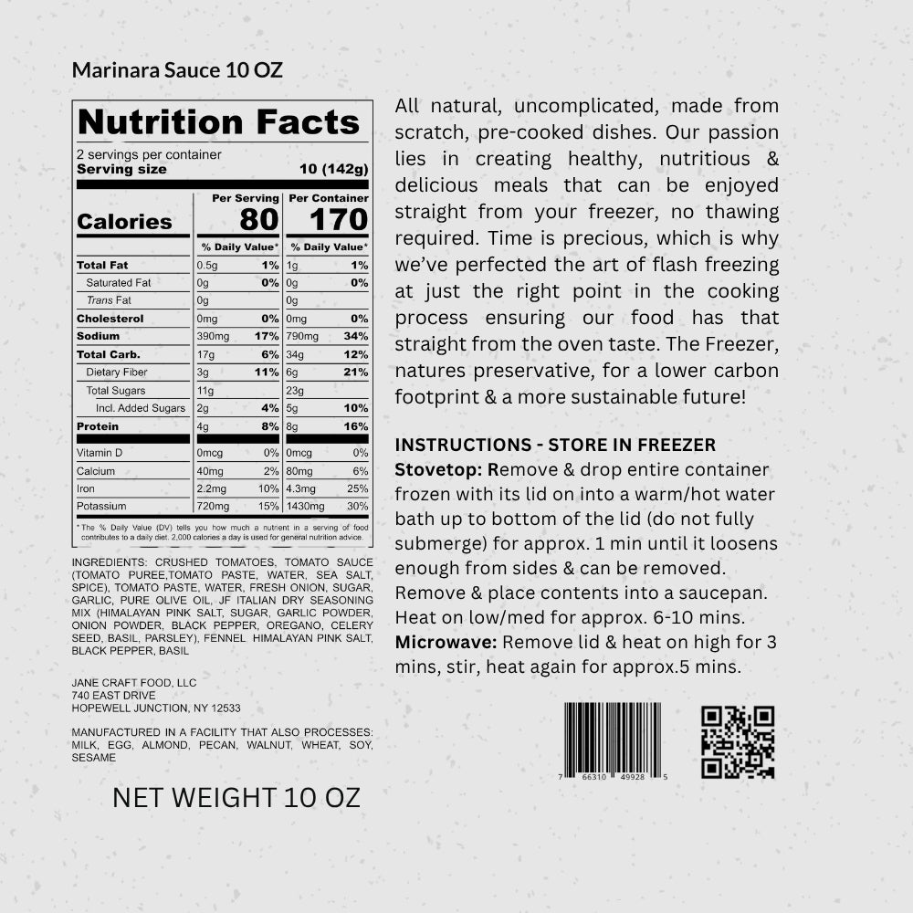 Nutrition facts label and cooking instructions for a 10 oz marinara sauce container.