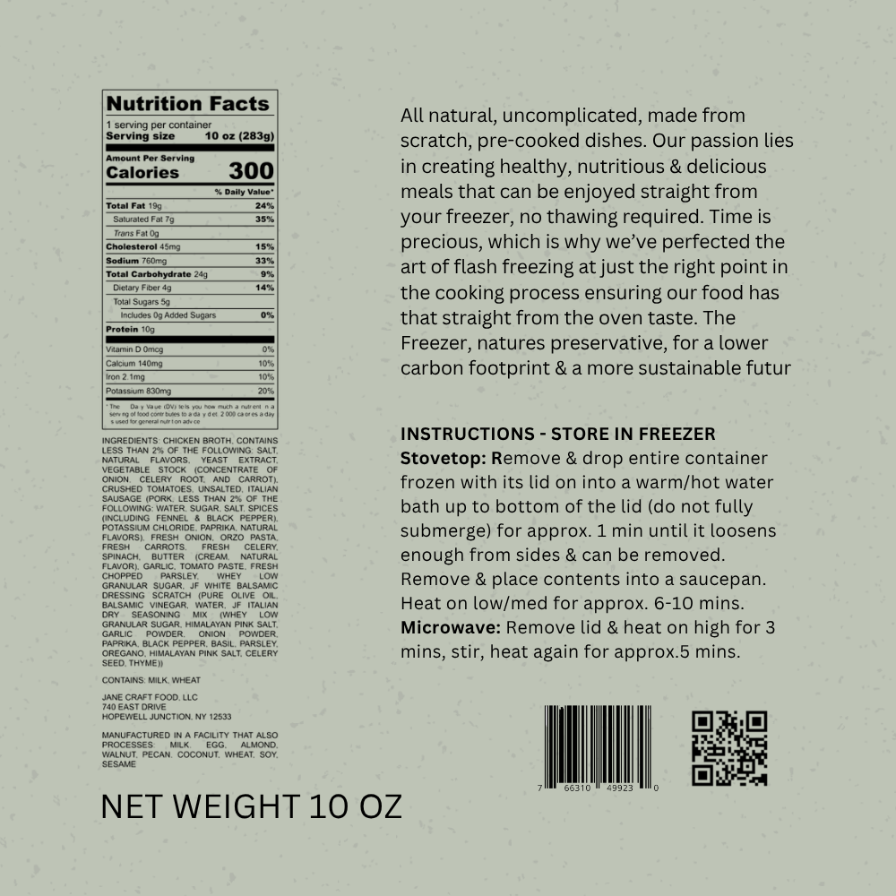 Italian Sausage & Orzo Soup Family Size 6-Pack Jane Foodie Soup.