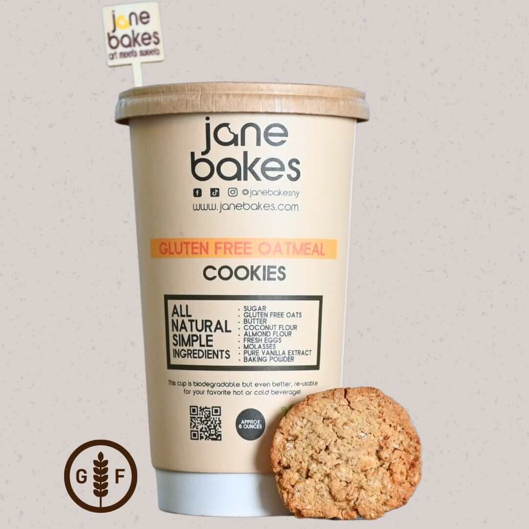 Gluten-free oatmeal cookie cup by Jane Bakes with natural ingredients. Low sugar, whole grain, all-natural flavor.