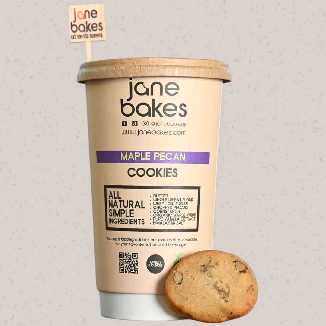 Jane Bakes Maple Pecan Cookie Kraft Cup with natural ingredients and whole grain texture, perfect for a low-sugar treat.