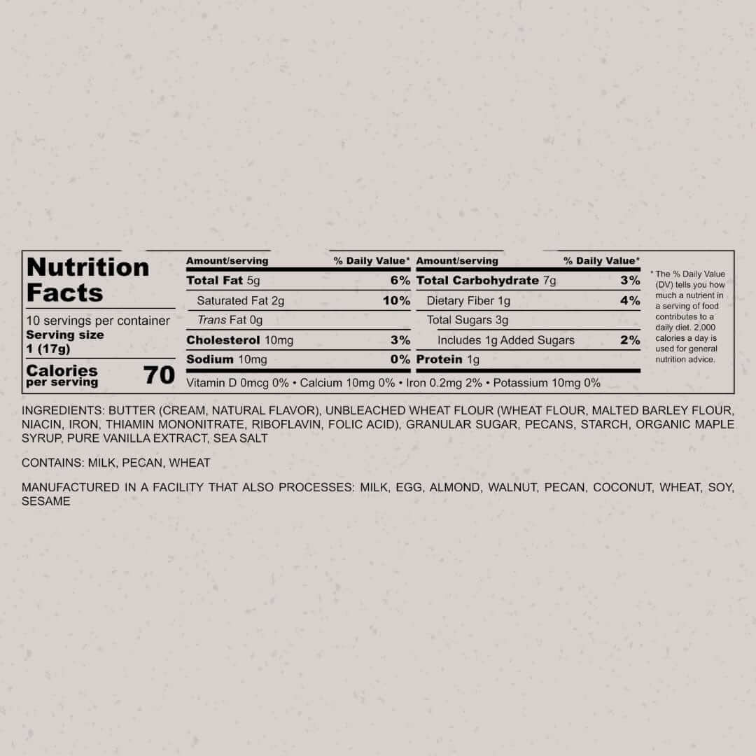 Nutrition facts label for Maple Pecan Cookie Bulk Pack by Jane Bakes, highlighting ingredients and dietary information.