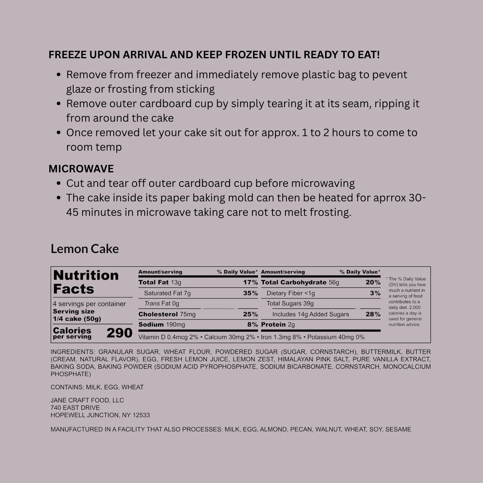 Mini Lemon Cake Heating Instructions and Nutrition Label – Jane Foodie