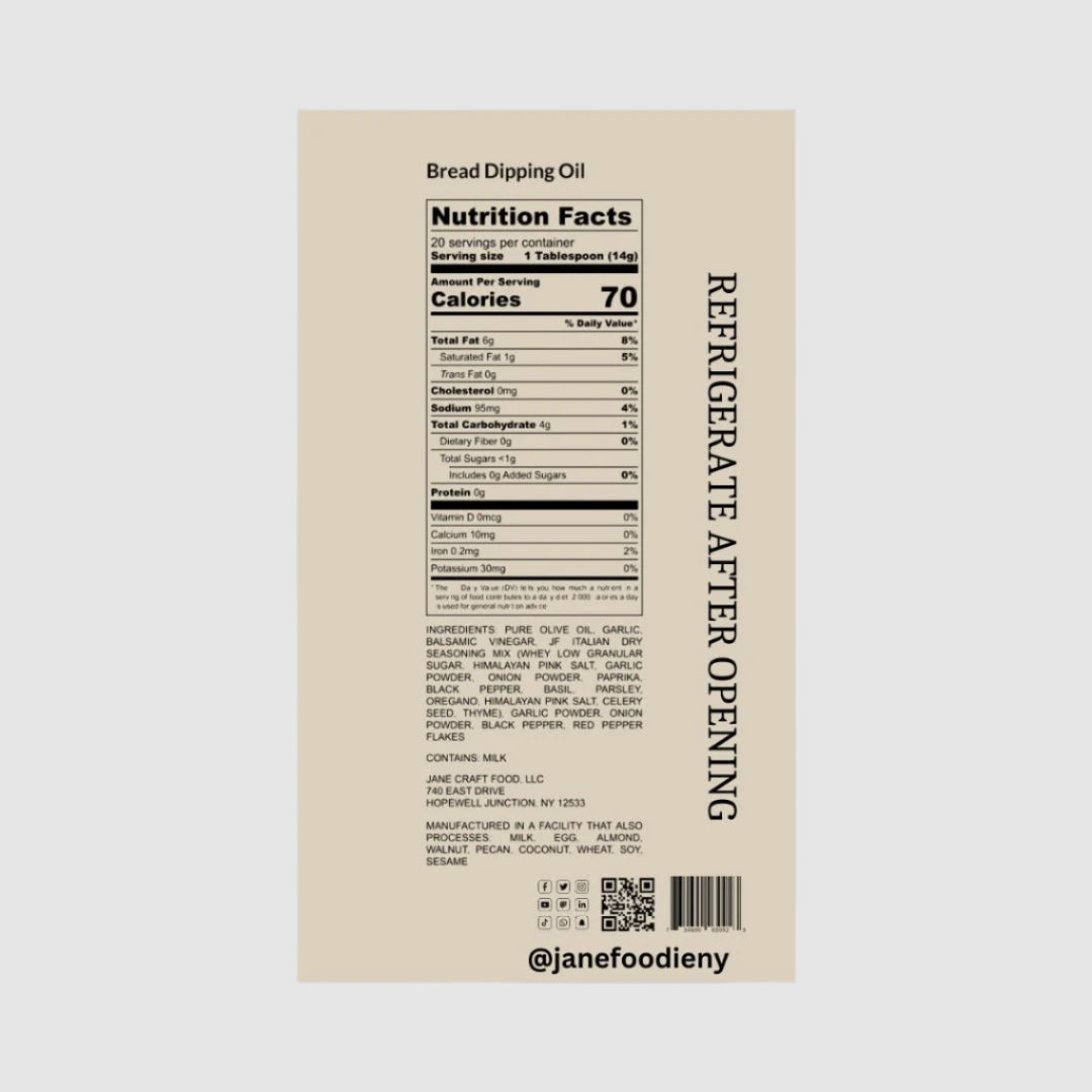 Seasoned Dipping Oil - Nutrition Label