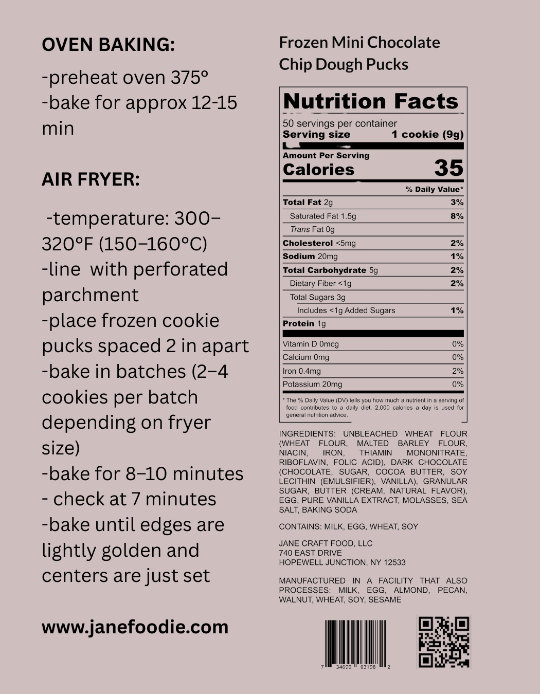 Nutrition label and cooking instructions for frozen mini chocolate chip dough pucks on a white background.