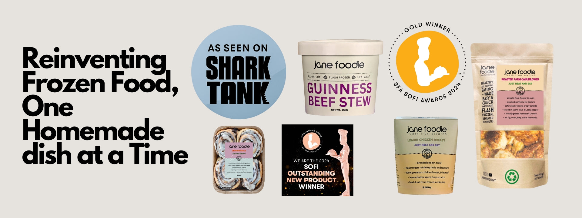 Jane Foodie frozen food products with branding and awards on a white background