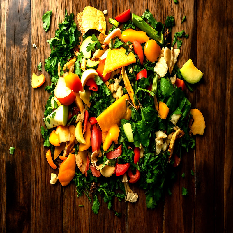 Colorful salad with various vegetables on a wooden surface