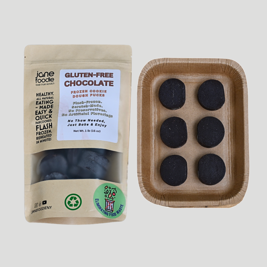 Gluten-free chocolate cookies in a package with a tray of cookies on a white background