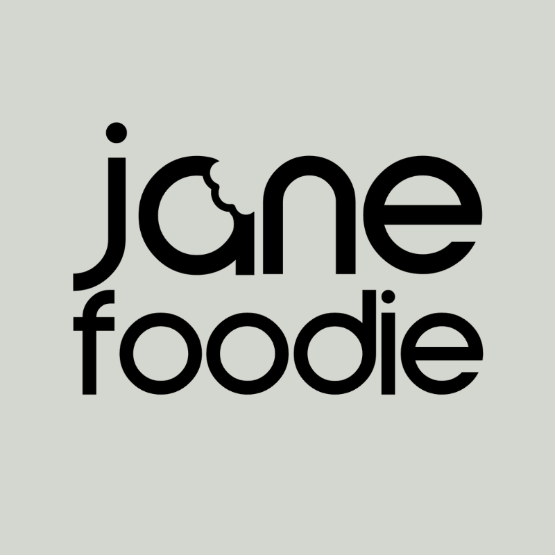 Black text 'jane foodie' on a light gray background