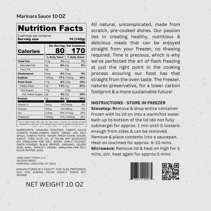 Nutrition facts label and cooking instructions for a 10 oz marinara sauce container.
