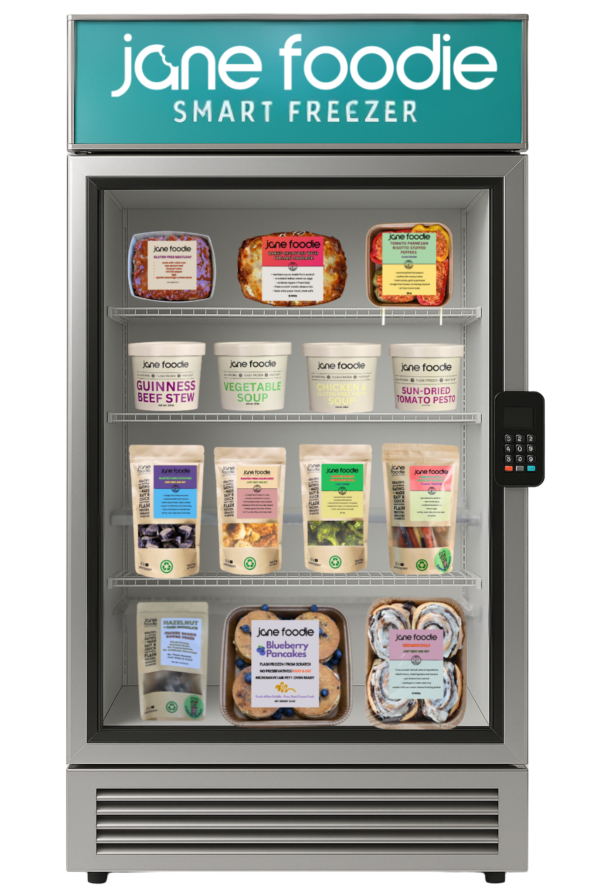 Smart freezer with 'jane foodie' branding and various food packages inside.