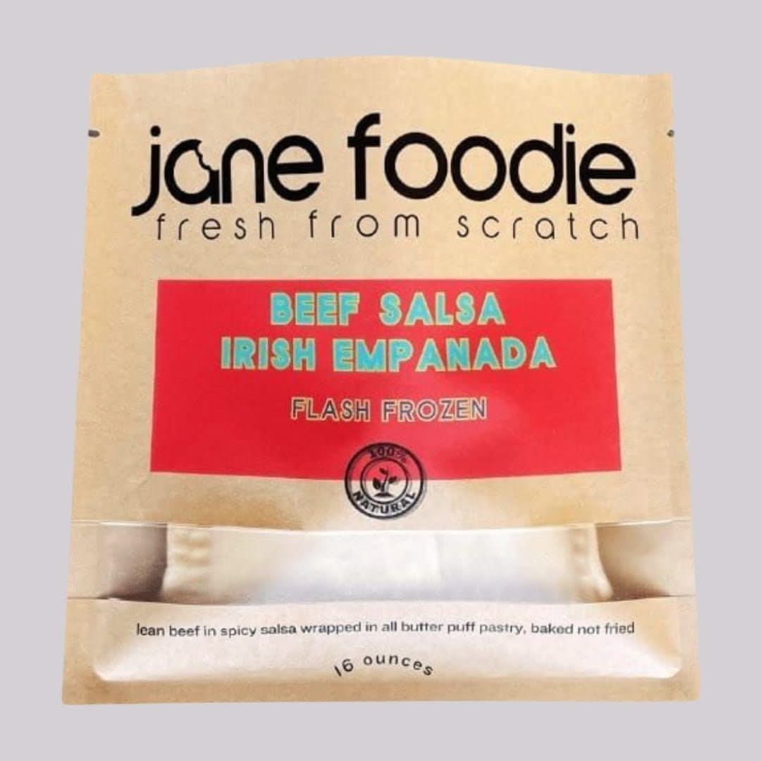 Jane Foodie Beef Salsa Irish Empanada in flash-frozen packaging, made with lean beef and puff pastry, 16-ounce pack.