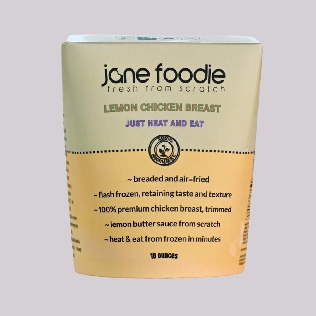 Jane Foodie Breaded Lemon Chicken Breast in 10 oz pouch, flash frozen and air-fried with lemon butter sauce, heat-and-eat ready.