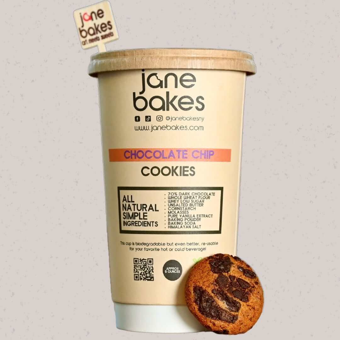 Jane Bakes chocolate chip cookie cup with natural ingredients, highlighting healthy and flavorful cookies with low sugar.