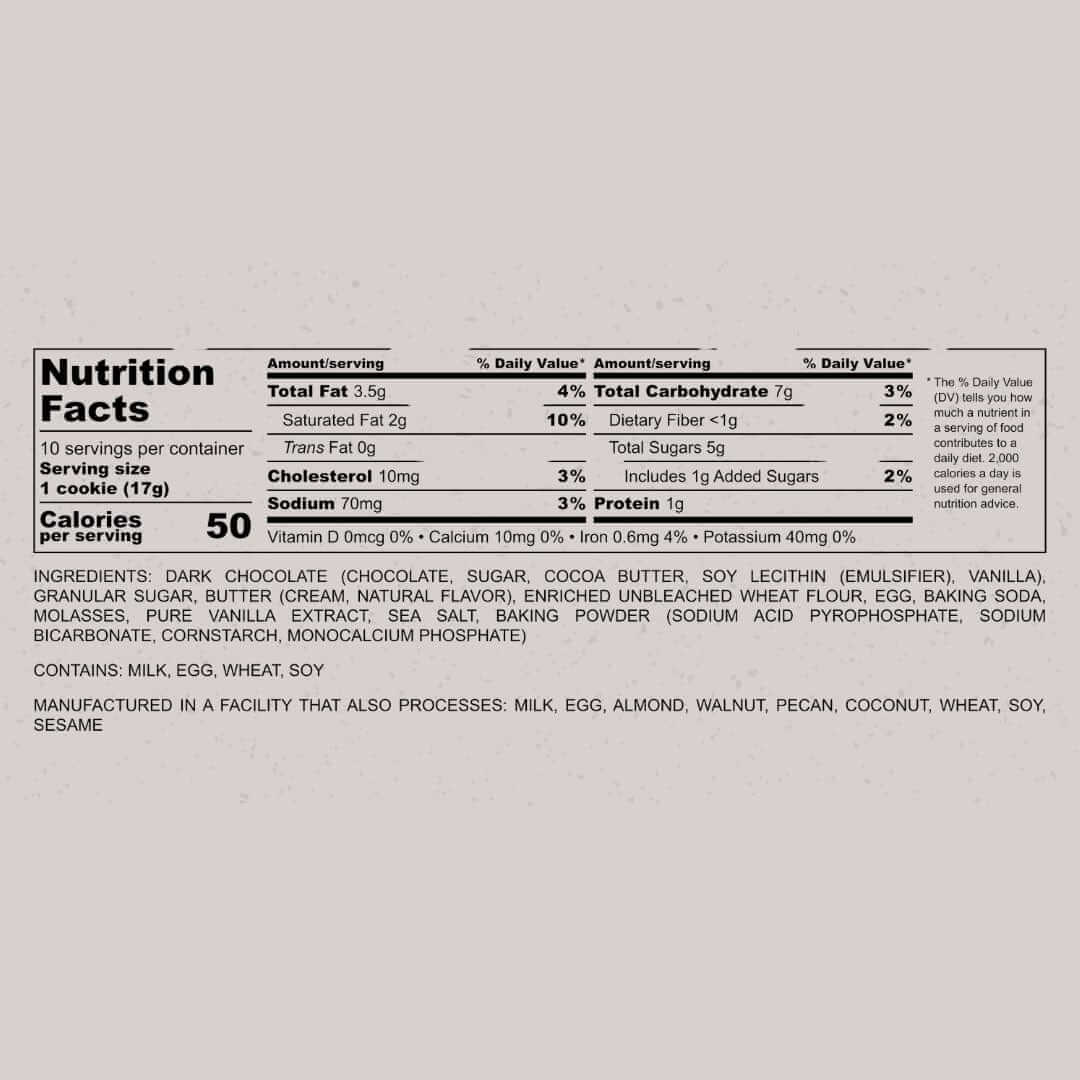 Nutrition facts label for chocolate chip cookie bulk pack, detailing ingredient list and nutritional information.