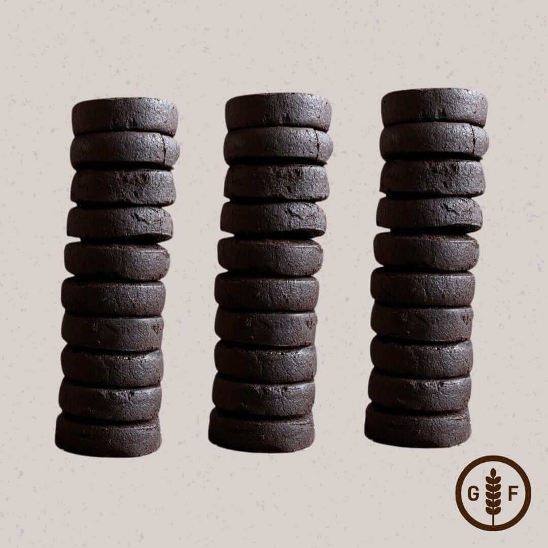 Gluten-Free Double Chocolate Cookies Bulk Pack with Belgian dark chocolate and low sugar, displayed in tall stacks.