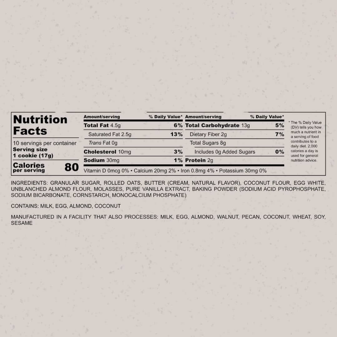 Nutrition facts label for gluten-free oatmeal cookies showing calories, fat content, and ingredients.