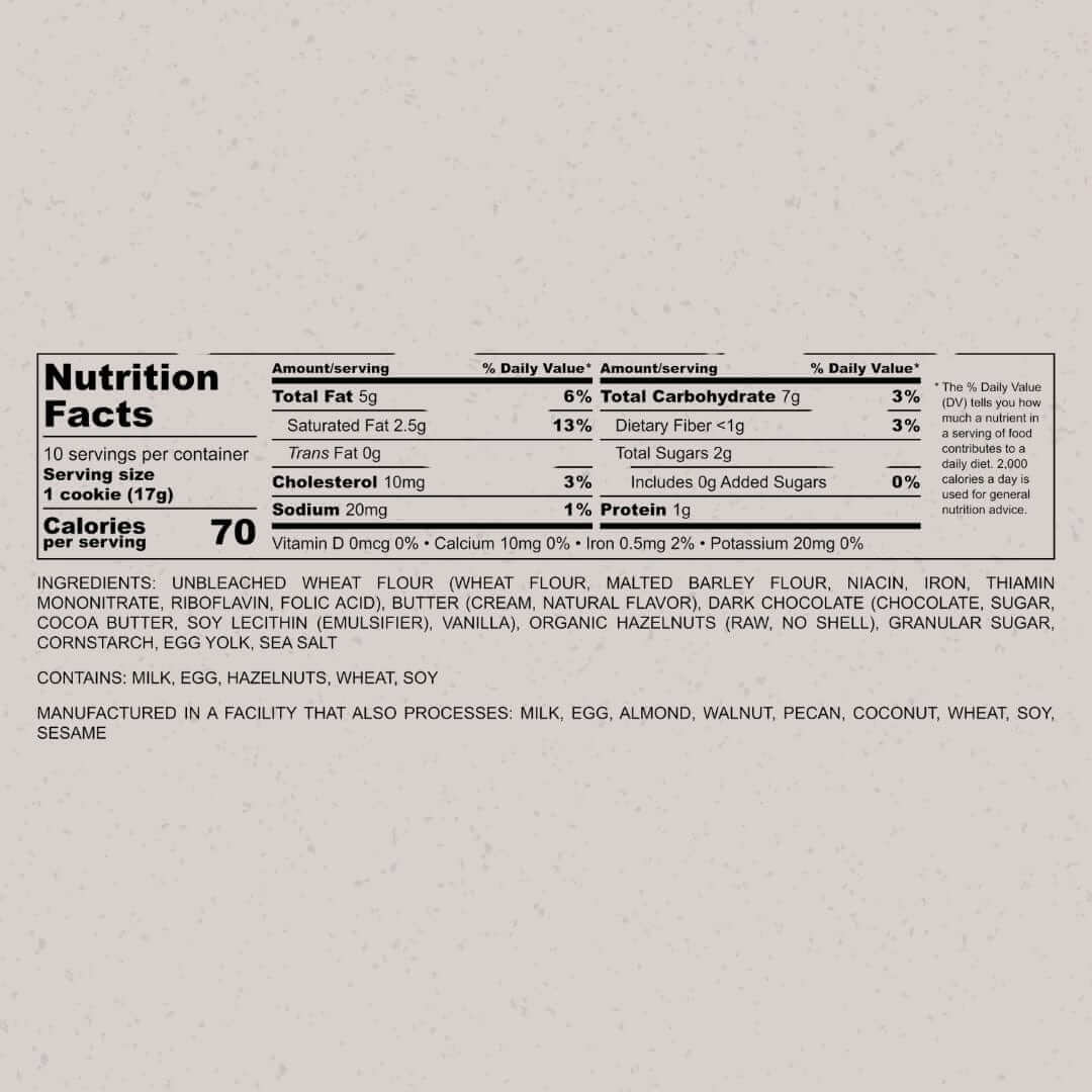 Nutrition facts for Hazelnut Dark Chocolate Cookies, shows calories, ingredients like wheat flour, hazelnuts, and dark chocolate.