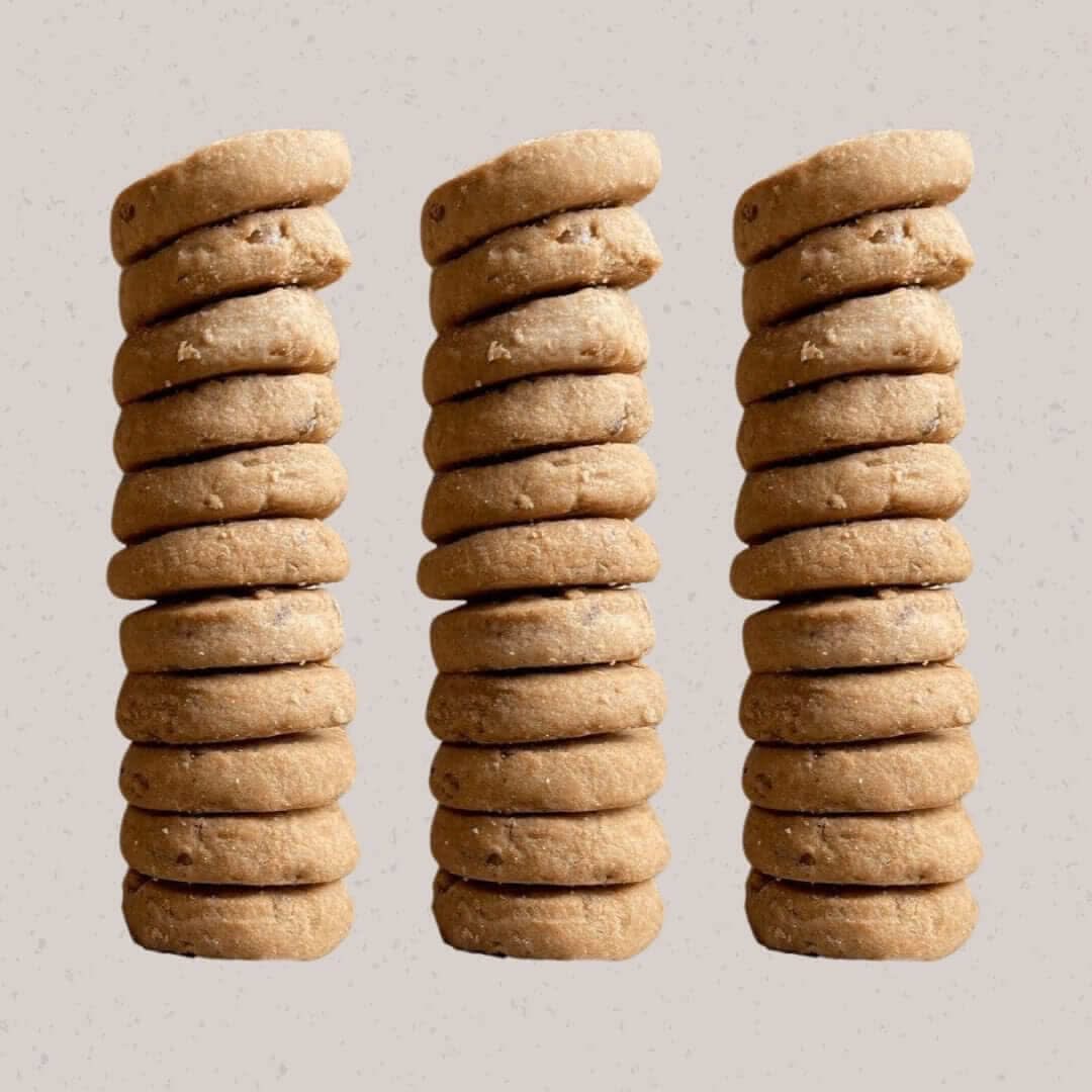 Stacked maple pecan cookies from Jane Bakes, made with organic ingredients and low sugar, bulk pack of 24-30 cookies.