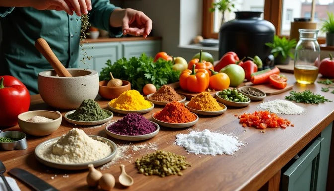 Person preparing food with various ingredients on a wooden table
