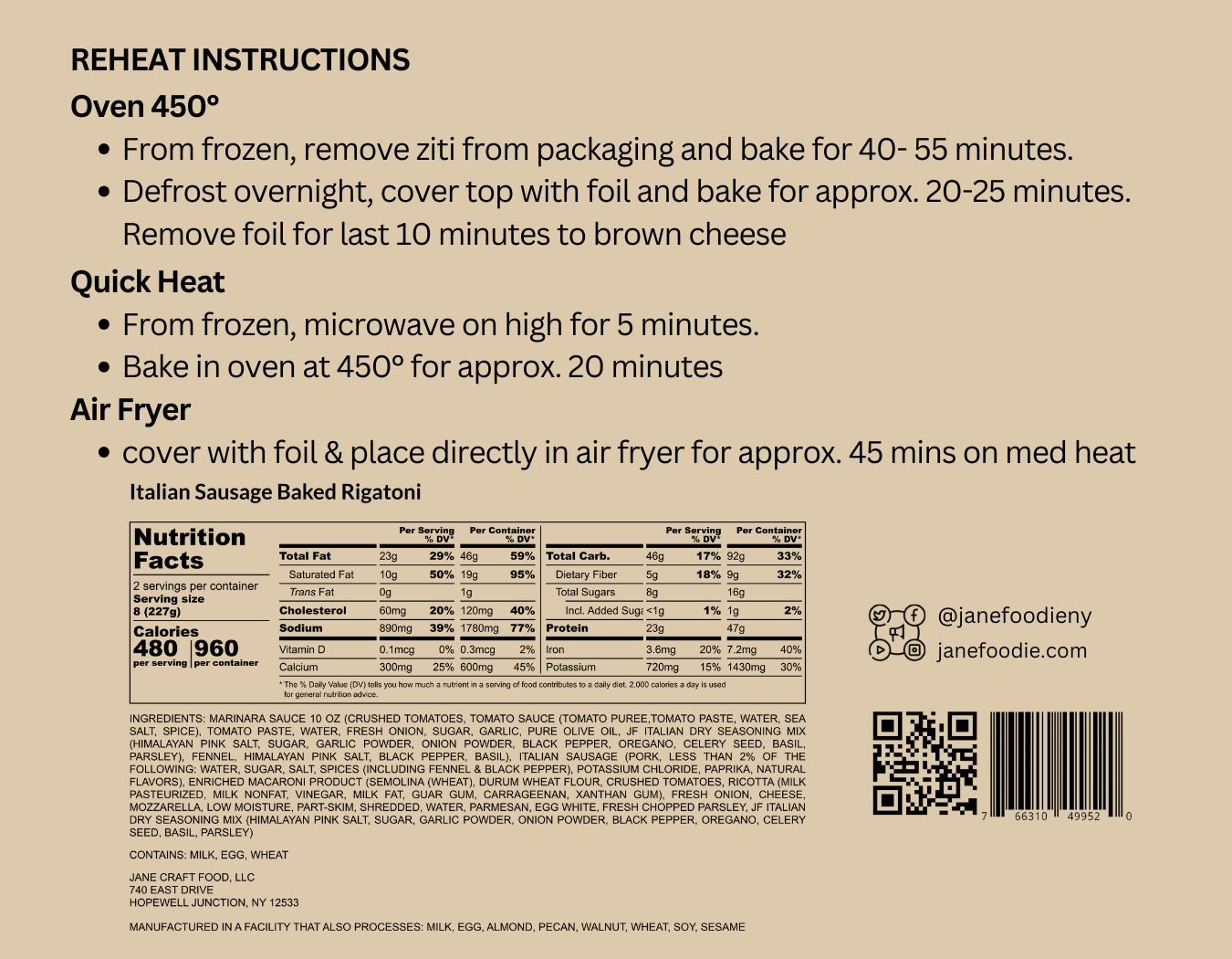 Sausage Baked Rigatoni with Marinara &amp; Mozzarella – Heat &amp; Serve - Jane Foodie